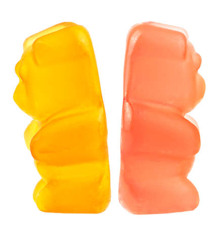 Two jelly bears isolated on a white background. Colored marmalade bears.の写真素材