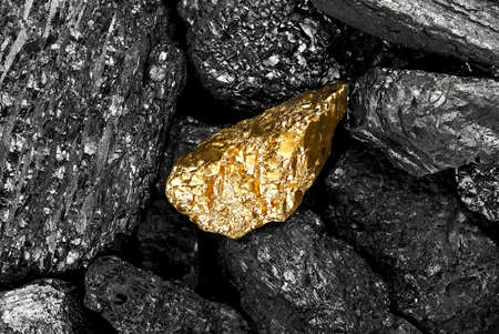 Top view of shiny golden nugget on black hard coals. Black gold and natural gold.の写真素材