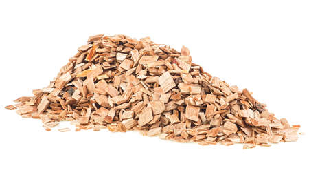 Pile of wood shavings isolated on a white background. wooden smoking chips.の写真素材