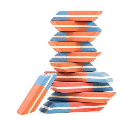Stack of erasers isolated on a white background. Erasers for ink and pen.の写真素材