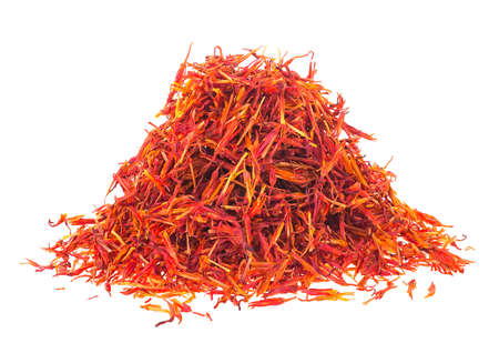 Pile of dried saffron spice isolated on a white backgroundの写真素材