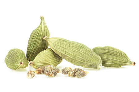 Green cardamom pods and seeds isolated on a white background. Dried cardamom spice.の写真素材
