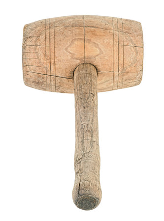 Sledgehammer. Old wooden mallet isolated on a white background.の写真素材