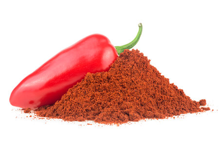 Red jalapeno pepper and ground pepper isolated on a white backgroundの写真素材