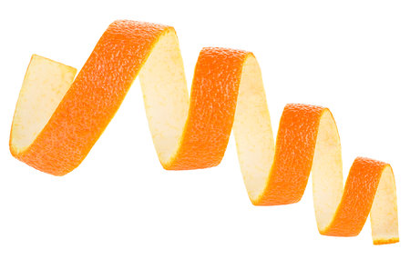 Peel of ripe orange isolated on a white background. Spiral orange zest.の写真素材