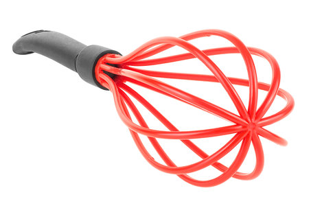 Silicone wire whisk isolated on a white background. Black and red color.の写真素材