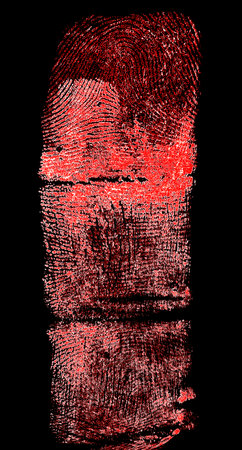 Bloody fingerprint of the index finger on black background. Red fingerprint, top view.の写真素材