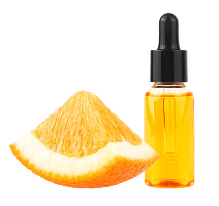 Orange slice and orange essential oil isolated on a white background. Vitamin C serum in cosmetic bottle. Organic SPA cosmetics.の写真素材