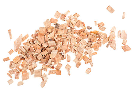 Wood chips isolated on a white background, top view. Sliver of alder wood.の写真素材