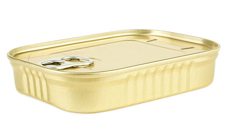 Yellow can of preserves isolated on a white background. Fish tin can.の写真素材