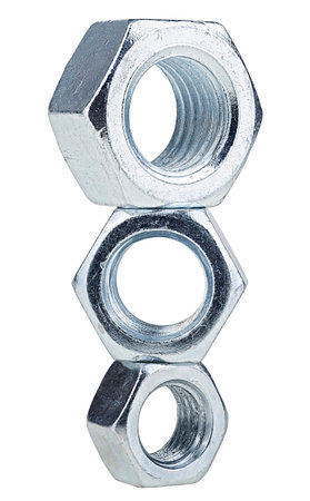 Group of silver metal nuts isolated on a white backgroundの写真素材