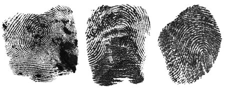 Collection of black fingerprints made with ink, isolated on a white background. Human fingerprint.の写真素材