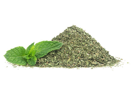 Pile of dried mint and branch of fresh mint isolated on a white backgroundの写真素材