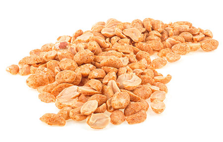 Pile of paprika roasted peanuts isolated on a white background, front view. Spicy peanuts.の写真素材