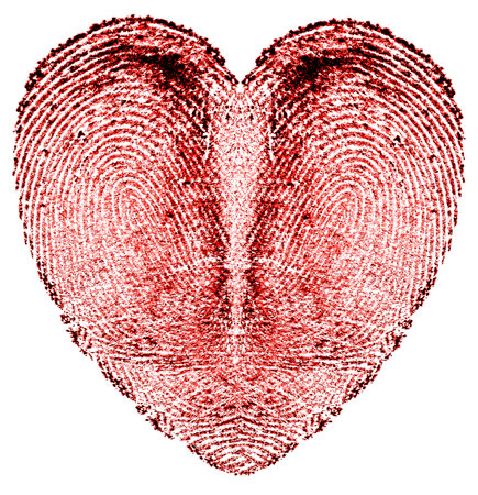 Red fingerprint isolated on a white background. Bloody fingerprint, heart shape.の写真素材