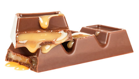 Delicious chocolate bars with leaking caramel isolated on a white backgroundの写真素材