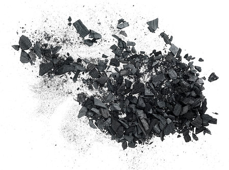 Wooden charcoal - charcoal pieces scattered isolated on a white background, top view.の写真素材