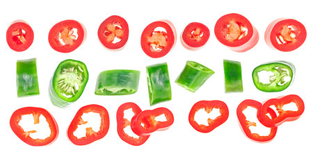 Top view of red and green chopped chili peppers isolated on a white backgroundの写真素材