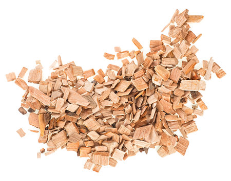 Wooden chips for smoking meat and fish isolated on a white background, top view.の写真素材