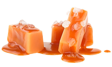 Delicious candies with flowing caramel sauce and sea salt isolated on a white backgroundの写真素材