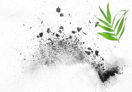 Broken activated charcoal with green leaf isolated on a white background, top view.の写真素材