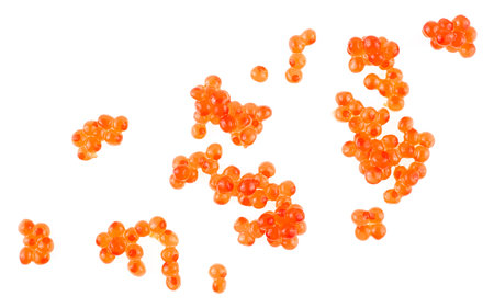 Delicious red caviar isolated on a white background, top view.の写真素材