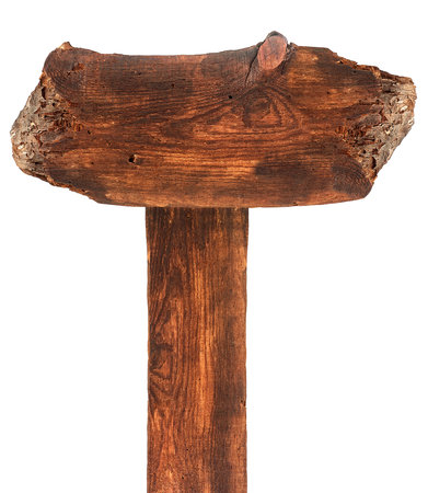 Brown weathered wood sign isolated on a white background. Concept of the signpost and billboards. Rustic blank wooden sign.の写真素材