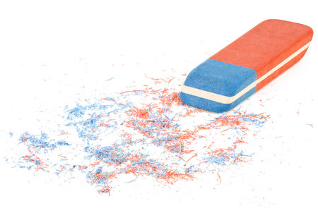 Eraser and eraser scrap isolated on a white background. Rubber eraser for ink pen and pencil.の写真素材