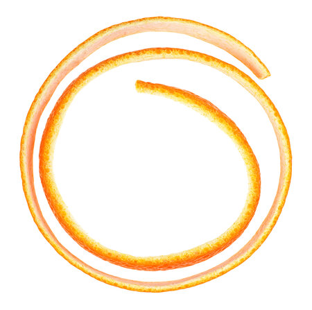 Orange citrus fruit peel isolated on a white background, top view. Fresh orange skin.の写真素材