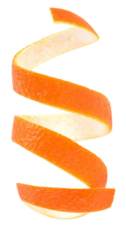 Spiral form of fresh orange peel isolated on a white background, top view. Orange zest.の写真素材