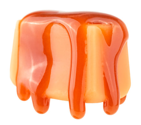 Caramel sauce flowing on caramel candy, isolated on a white background. Sweet candy with liquid caramel.の写真素材