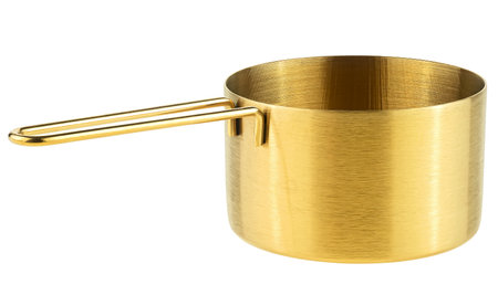 Empty golden saucepan isolated on a white background. Modern stainless steel pot. Kitchen utensils.の写真素材