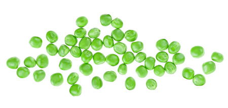 Fresh green peas isolated on a white background, top view. Group of young peas.の写真素材