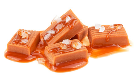 Caramel candies with caramel sauce and sea salt isolated on a white background. Salted caramel pieces.の写真素材