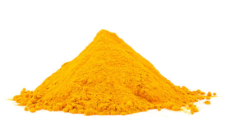 Heap of turmeric powder isolated on a white background. Curcuma Longa Linn. Natural fabric dye, for skincare.の写真素材