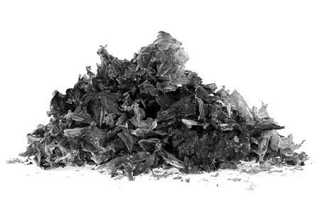 Pile of burnt paper isolated on a white background. The ashes of the paper. Charred paper scraps.の写真素材