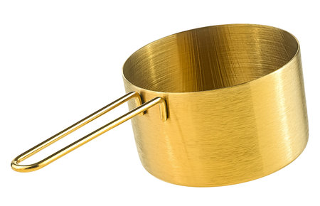 Empty golden saucepan isolated on a white background. Modern stainless steel pot. Kitchen utensils.の写真素材