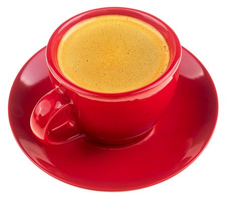 Red cup with aromatic coffee isolated on a white backgroundの写真素材