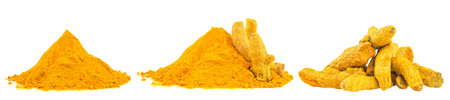 Collection of curcuma powder and dried turmeric roots isolated on a white backgroundの写真素材