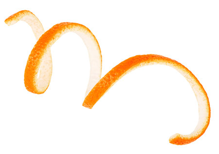 Orange fruit thin skin isolated on white background. Citron. Spiral form of orange peel.の写真素材