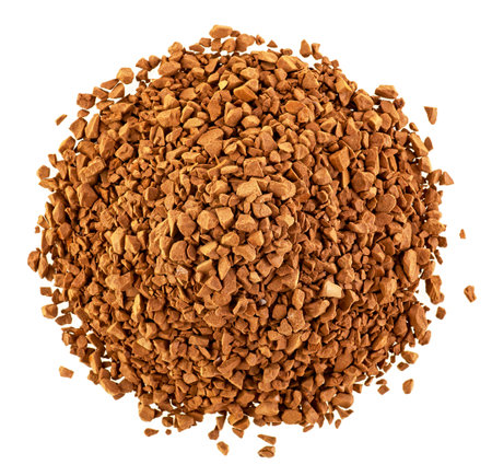 Instant granulated coffee pile isolated on a white background, view from above.の写真素材