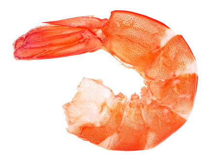 Delicious fresh cooked shrimp isolated on a white background. Peeled prawn. Seafood.の写真素材