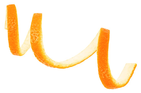 Spiral form of orange peel isolated on a white background. Skin of orange fruit.の写真素材