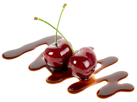 Ripe cherries in liquid chocolate isolated on a white background. Fondue cherries.の写真素材