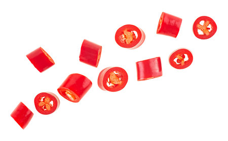 Red sliced chili pepper isolated on a white background, view from above.の写真素材