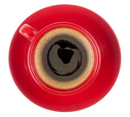 Red cup with aromatic coffee isolated on a white background, top view.の写真素材
