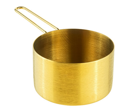 Empty golden saucepan isolated on a white background. Modern stainless steel pot. Kitchen utensils.の写真素材