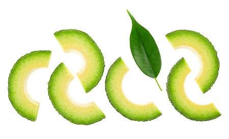 Fresh sliced avocado with leaf isolated on a white background, top view. Food concept.の写真素材