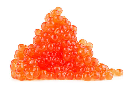 Heap of red salted caviar isolated on a white background. Red caviar salmon roe.の写真素材