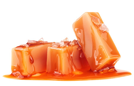 Pieces of caramel candy topped with melted caramel sauce and sea salt crystals isolated on a white backgroundの写真素材